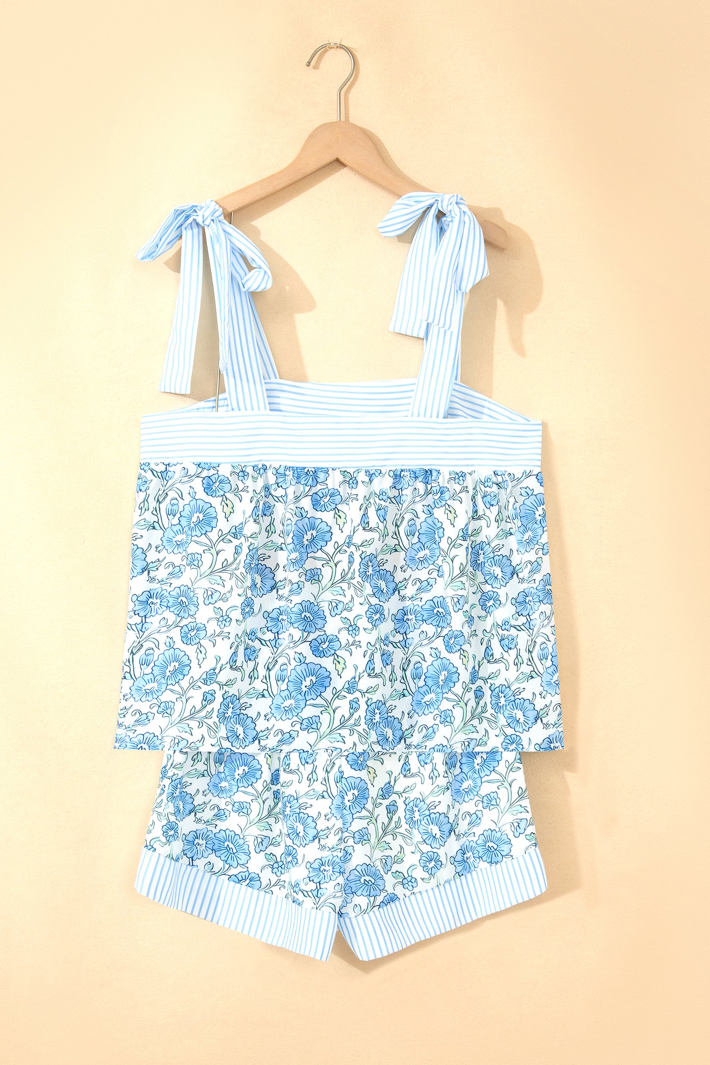 Sky Blue Floral Striped Patchwork Knot Straps 2pcs Short Set