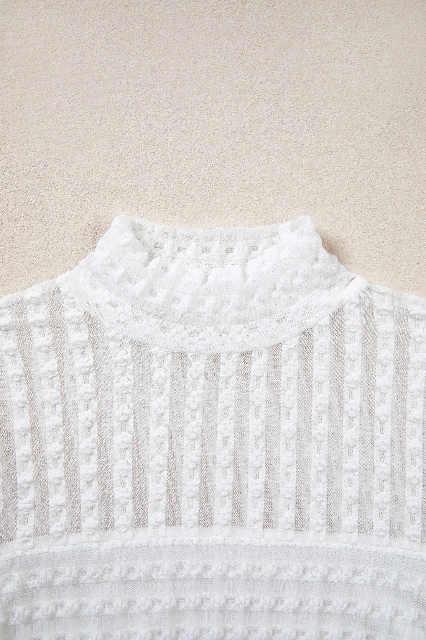 Beige Textured Sheer Lace High Neck Long Sleeve Top