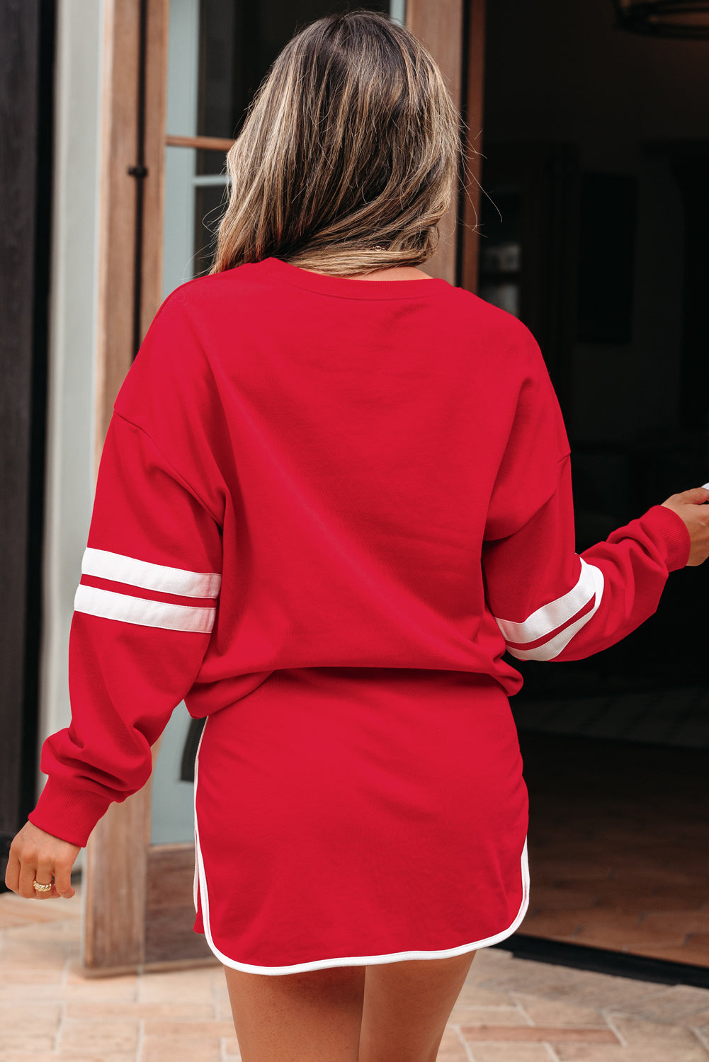 Sky Blue Varsity Stripe Detail Drop Shoulder Pullover Mini Skort Set