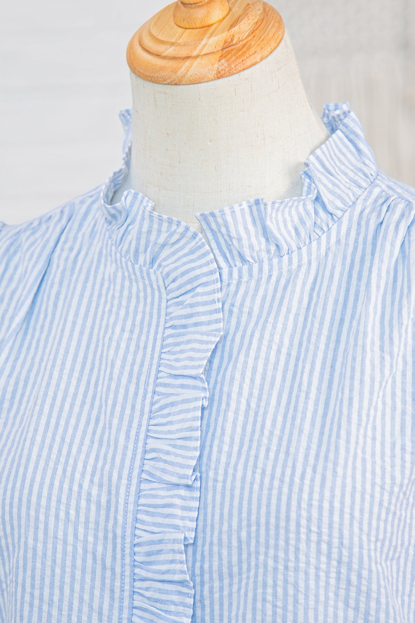 Sky Blue Stripe Floral Embroidered Puff Sleeve Ruffle Trim Shirt