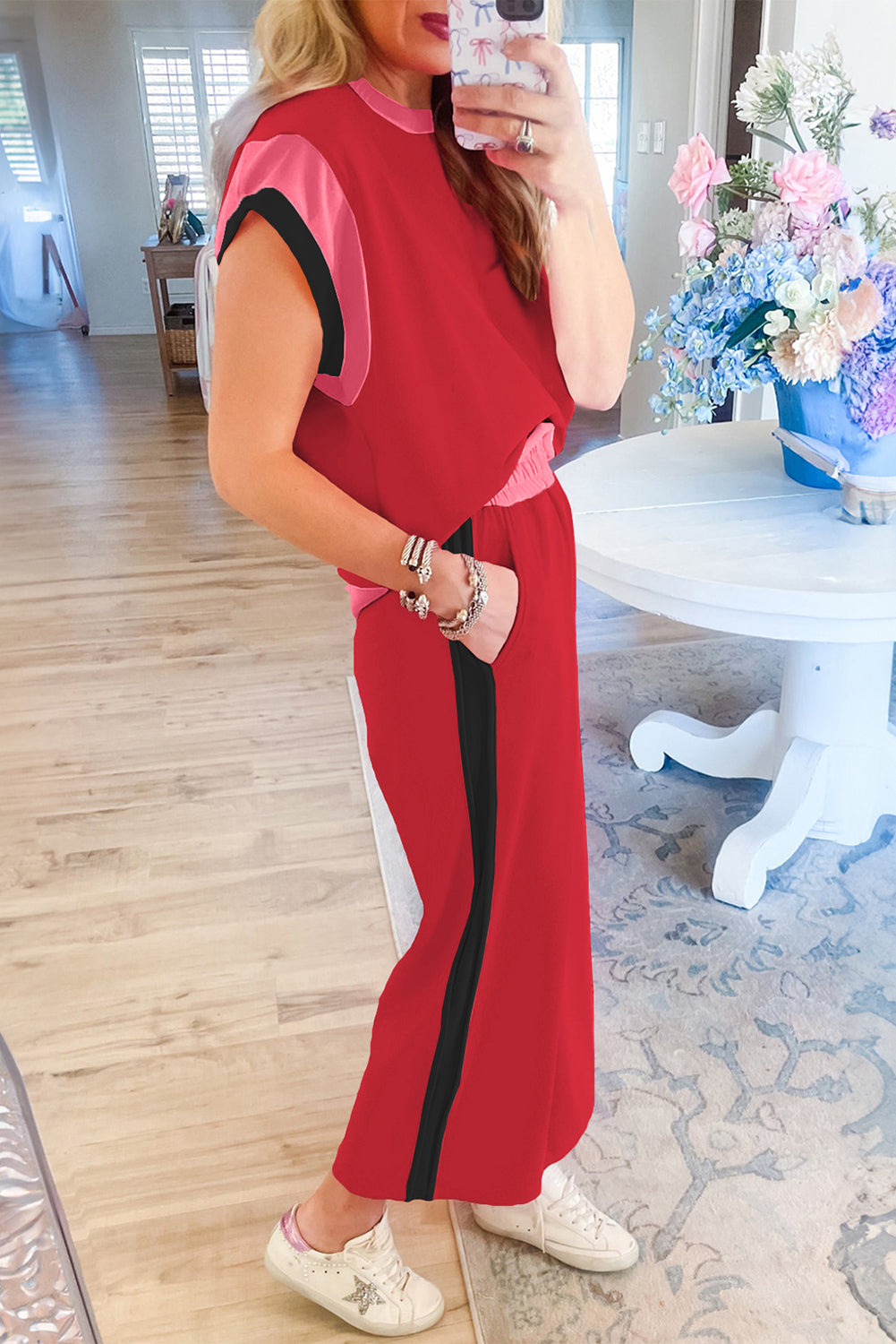Strawberry Pink Color Block Detail Casual Two-piece Set