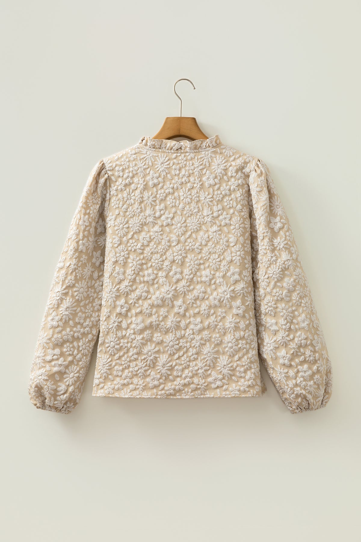 Apricot V Neck Floral Textured Long Sleeve Casual Blouse