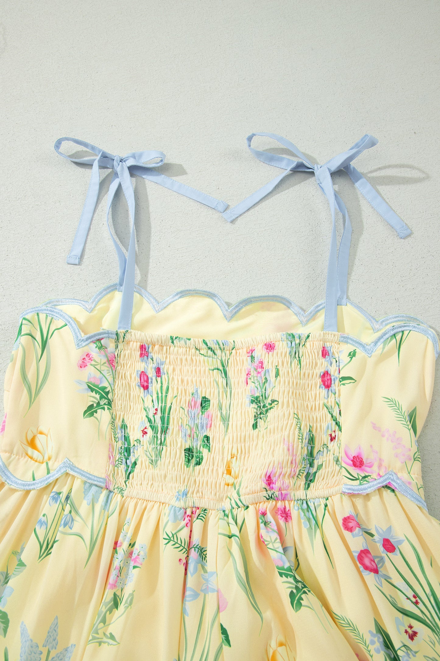 Beige Floral Print Contrast Trim Self-tie Straps High Waist Midi Dress