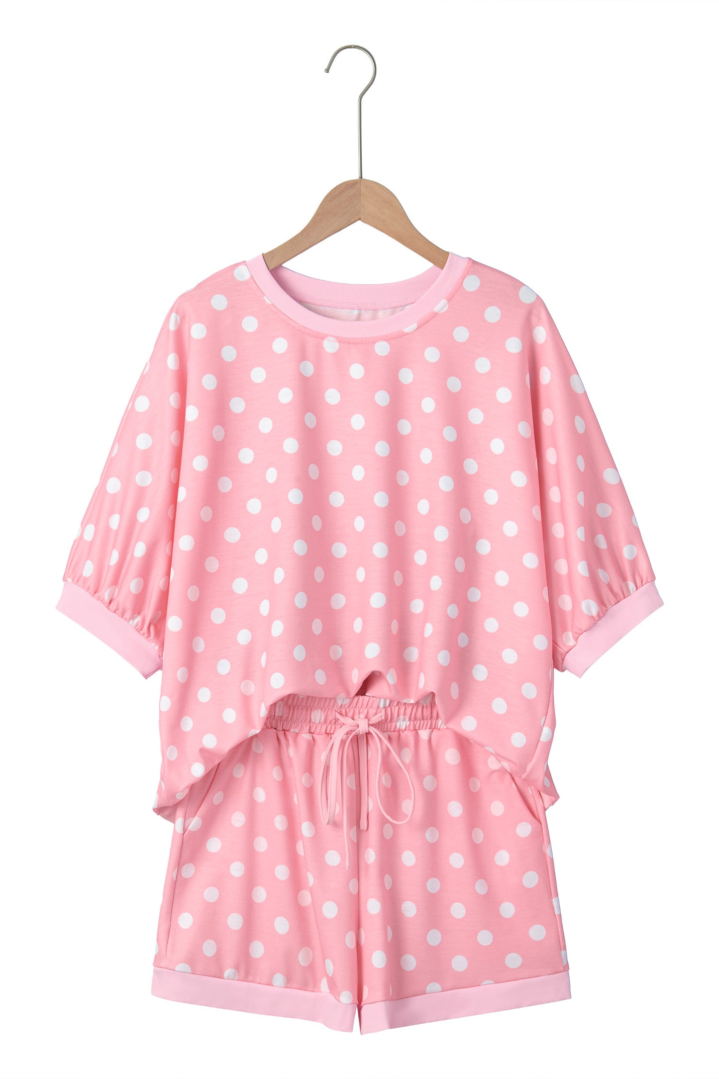 Beige Polka Dot Oversized Top Drawstring Short Set
