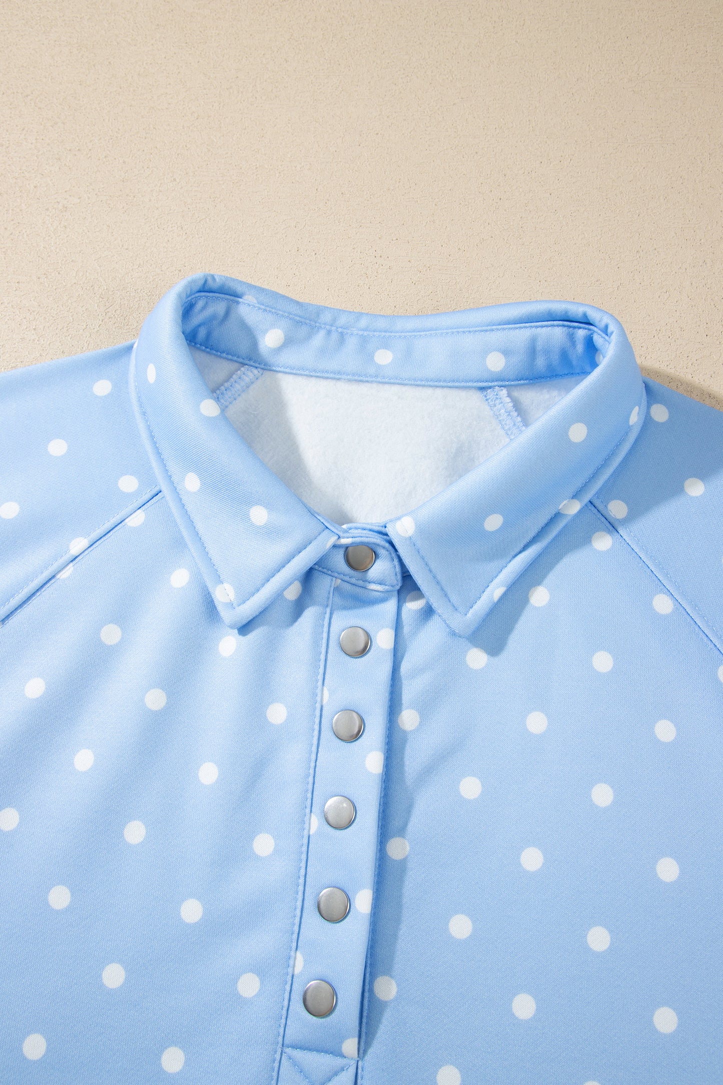 Sky Blue Polka Dot V Neck Metal Button Long Sleeve Shift Plus Size Sweatshirt