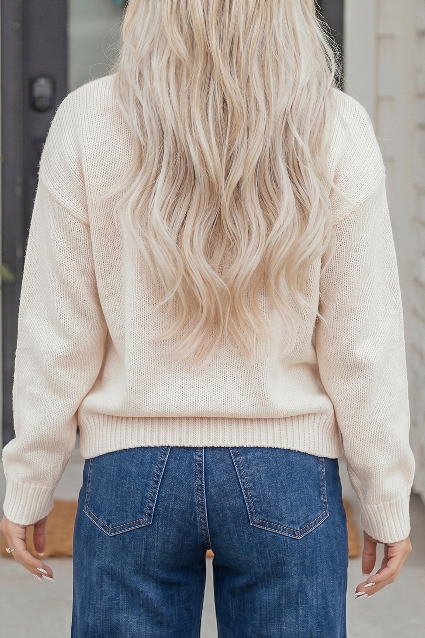 Beige Go Team Football Drop Shoulder Knit Top Sweater