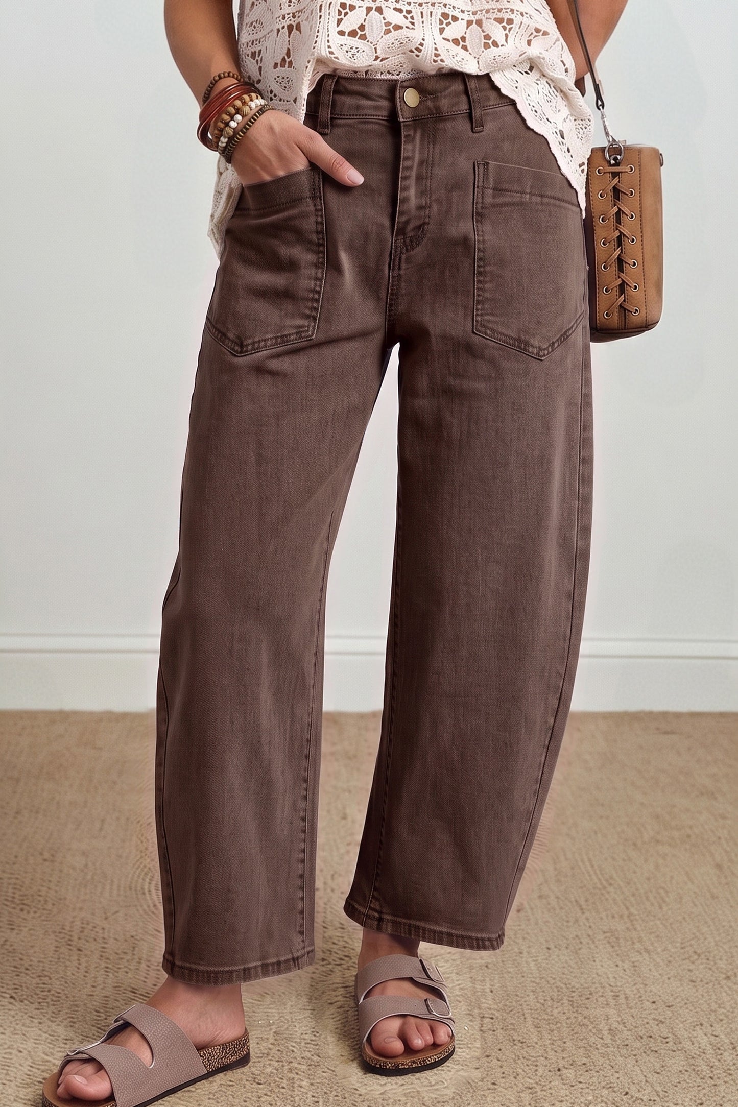 Four Leaf Clover Solid Color Square Patch Pocket Ankle-length Barrel Jeans