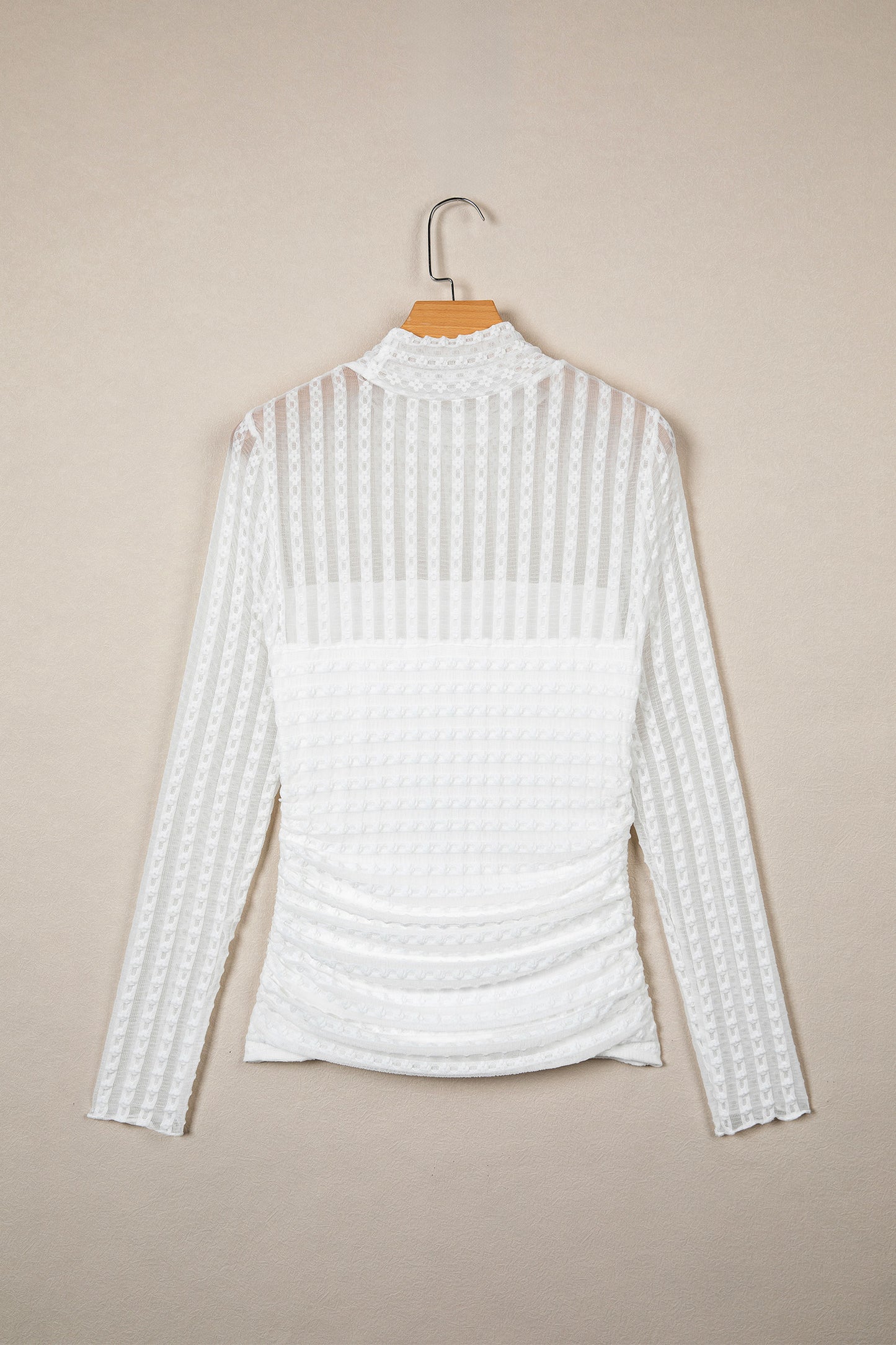 Beige Textured Sheer Lace High Neck Long Sleeve Top