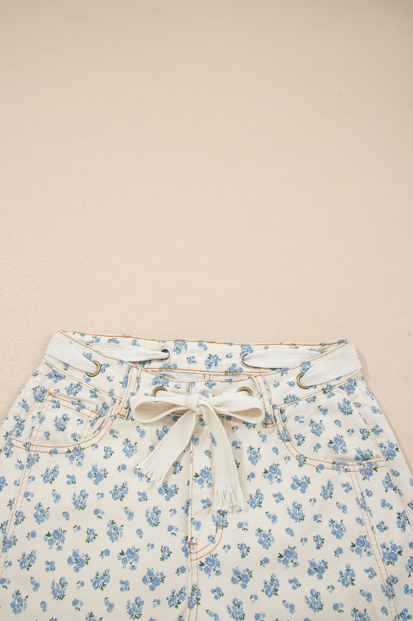 Beige Grommet Knot Waist Floral Barrel Leg Jeans