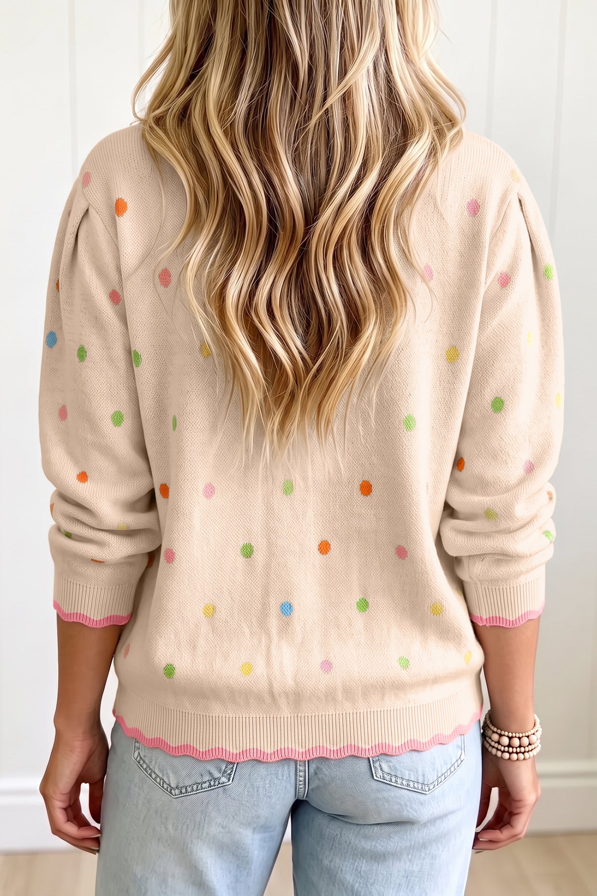 Coffee Round Neck Polka Dot Long Sleeve Casual Shift Sweater