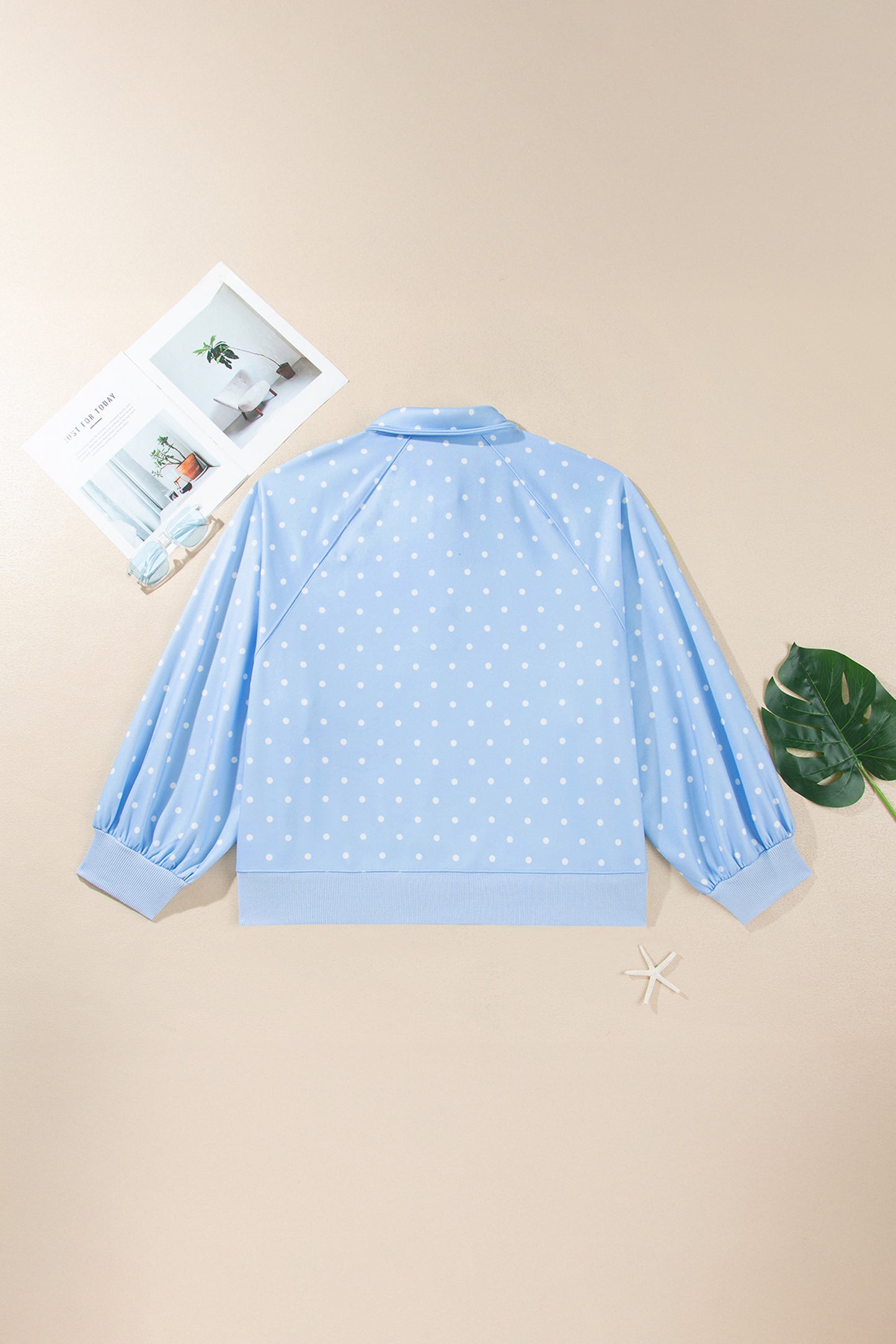 Sky Blue Polka Dot V Neck Metal Button Long Sleeve Shift Plus Size Sweatshirt