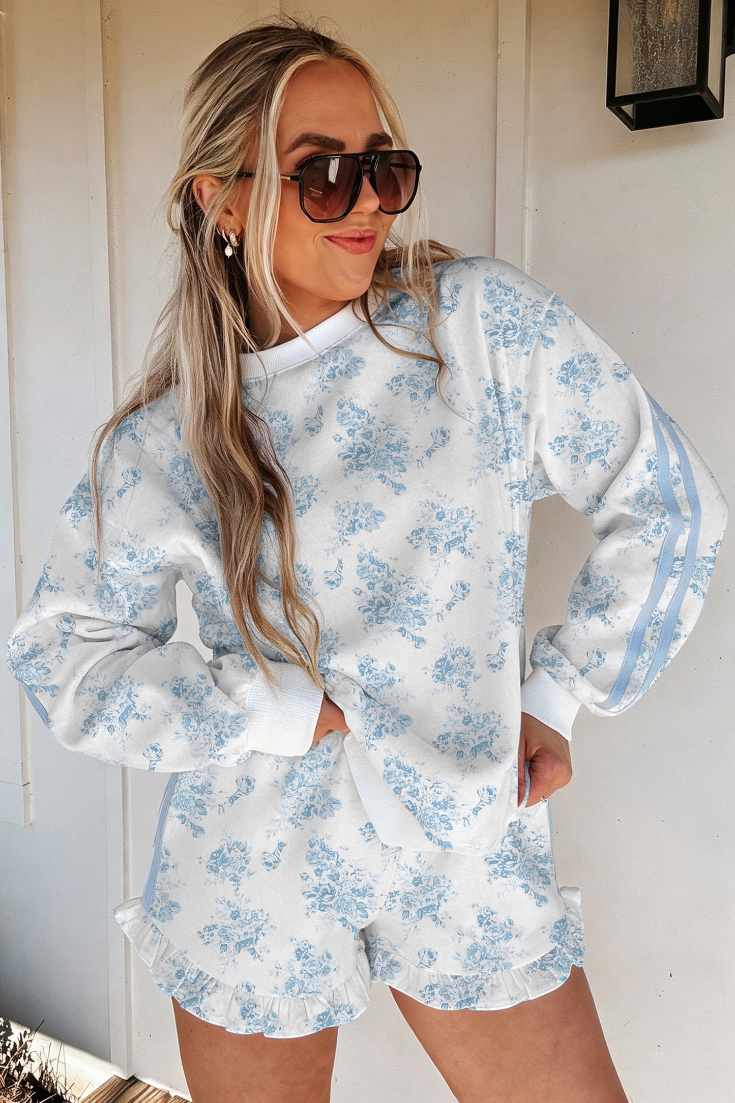 Sky Blue Floral Print Striped Detail Long Sleeve Top Ruffle Hem Shorts 2pcs Set