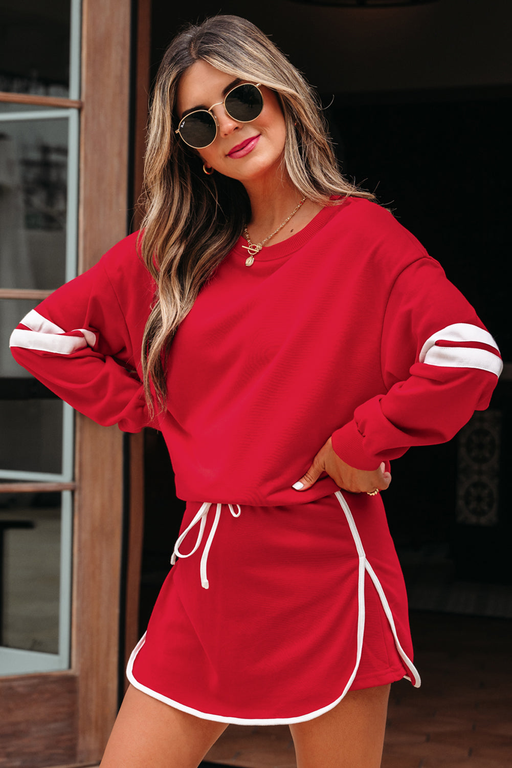 Sky Blue Varsity Stripe Detail Drop Shoulder Pullover Mini Skort Set