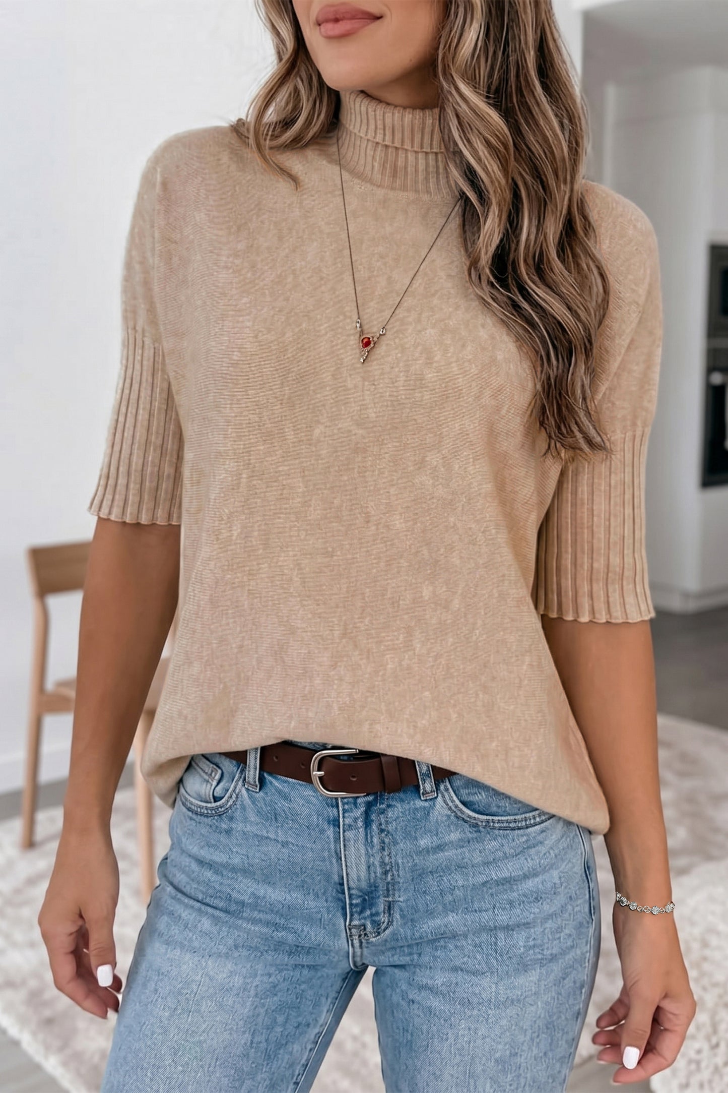 Beige Ribbed Trim High Neck Short Sleeve Casual Sweater