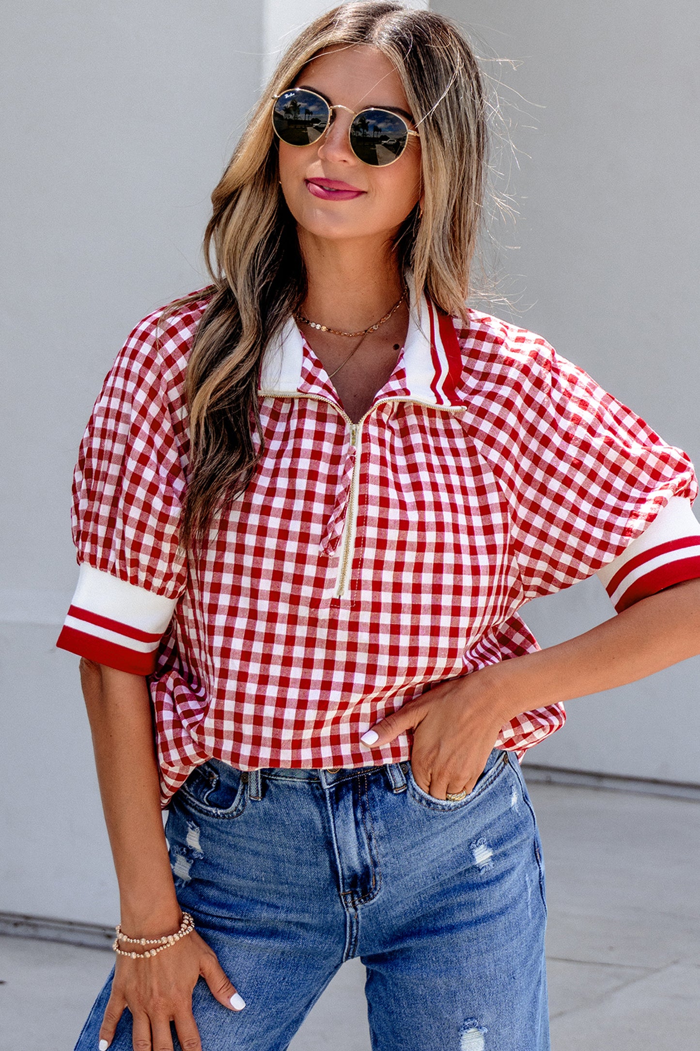Red Gingham Striped Patchwork Half Zip Blouse