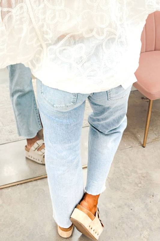 Beau Blue Sequin Rugby Pattern Raw Hem Casual Jeans