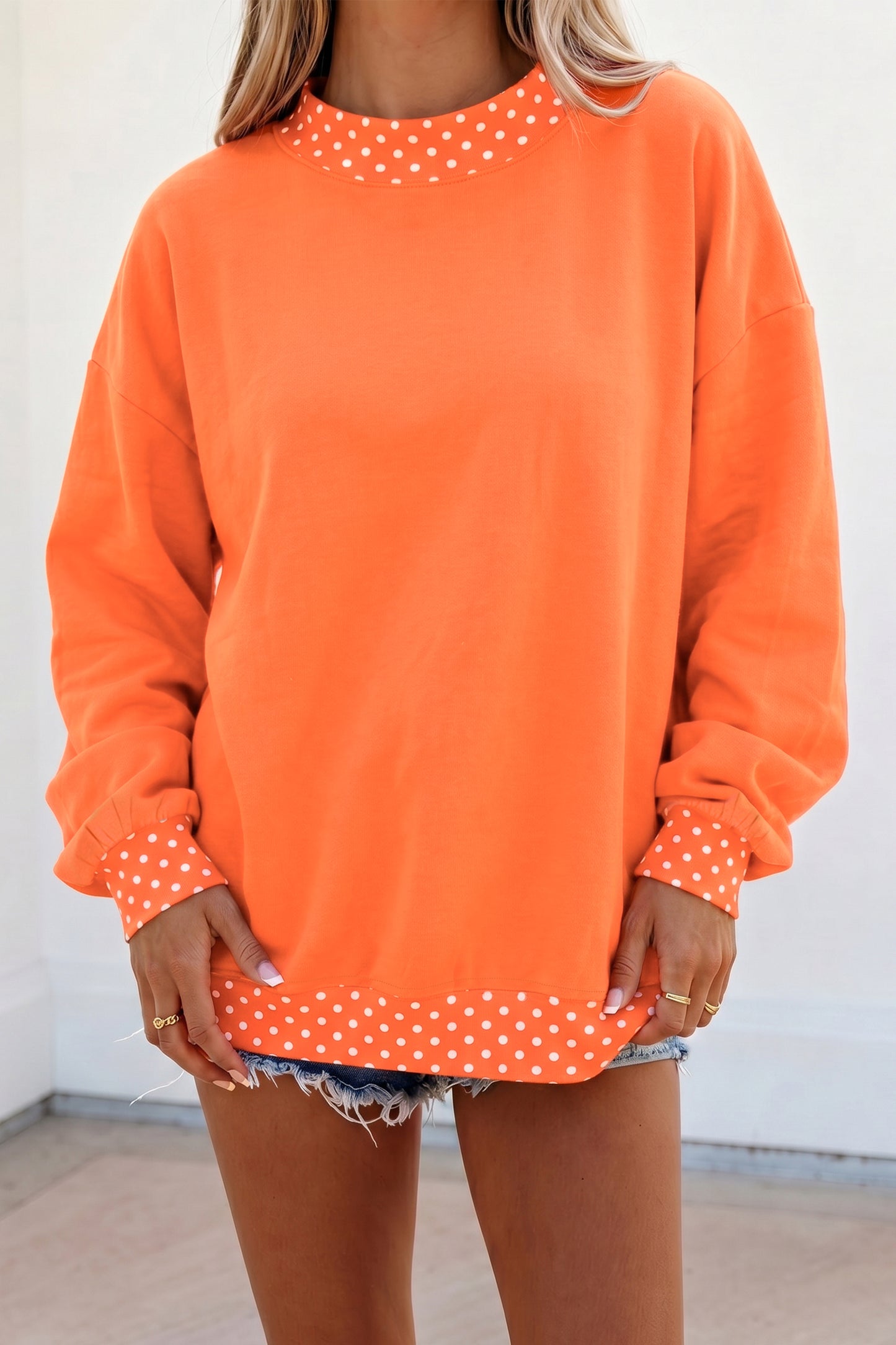 Dirty blue Colorblock Polka Dot Contrast Trim Oversized Sweatshirt