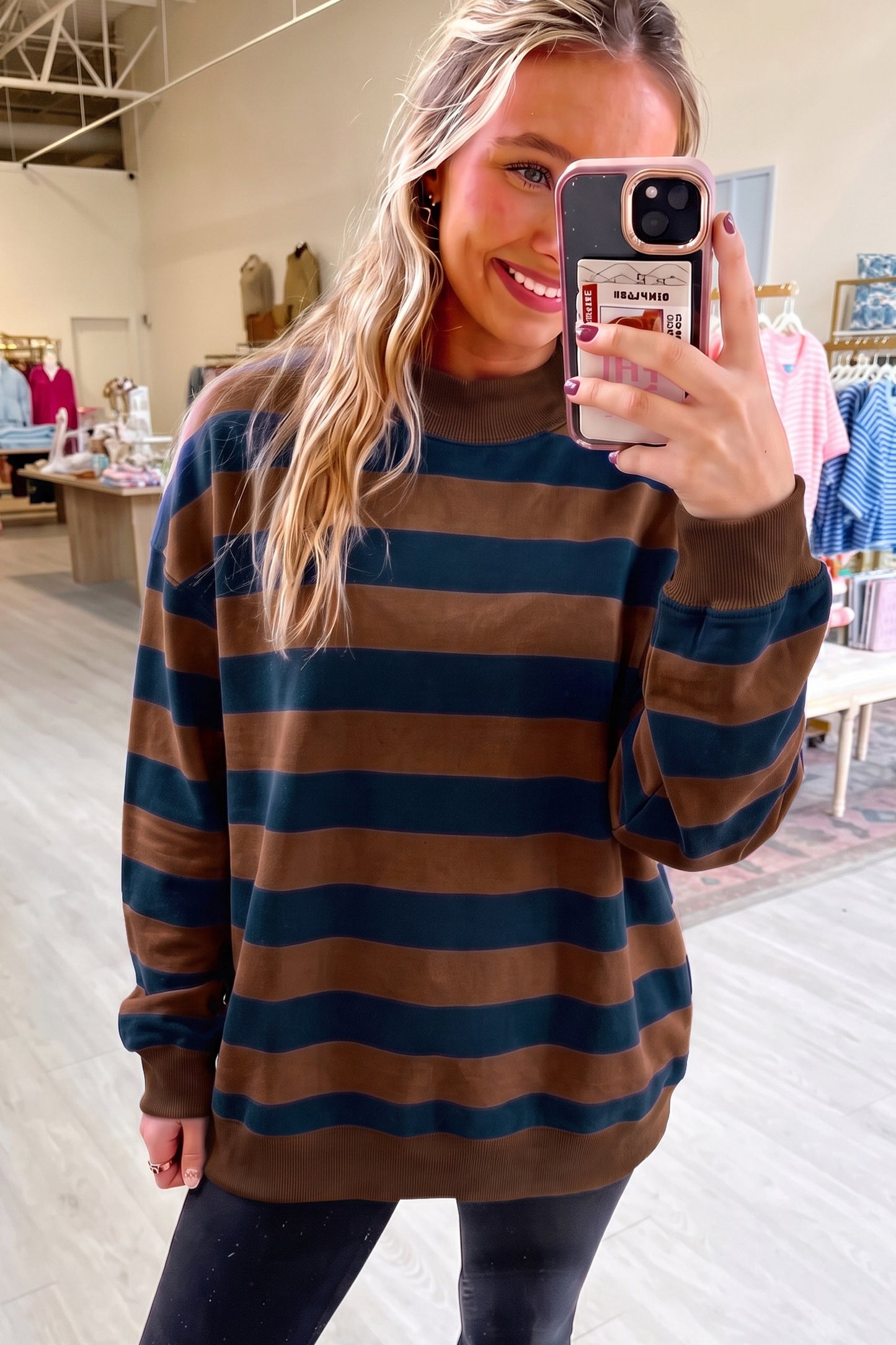 Blue Stripe Colorblock Mock Neck Relaxed Sweatshirt