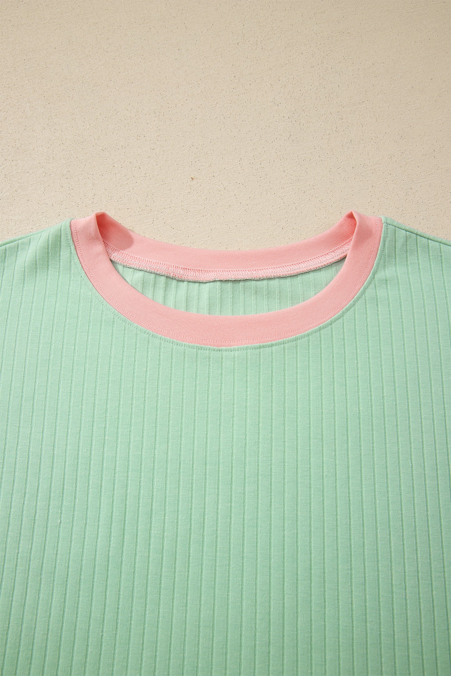 Sachet Pink Soft Ribbed Color Block Trim Casual Short Set