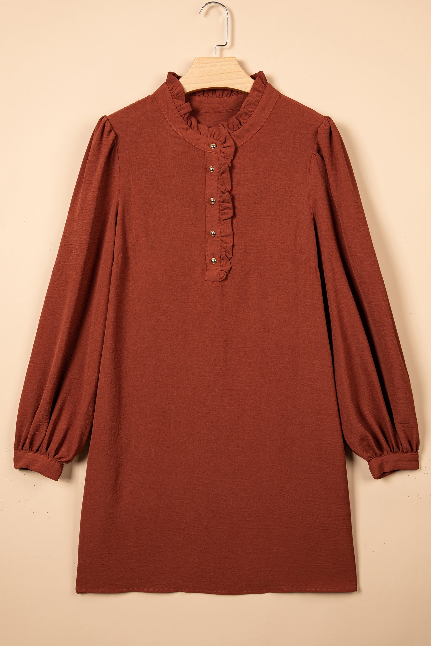 Coffee Solid Shift Long Sleeve Short Length One Piece Dress