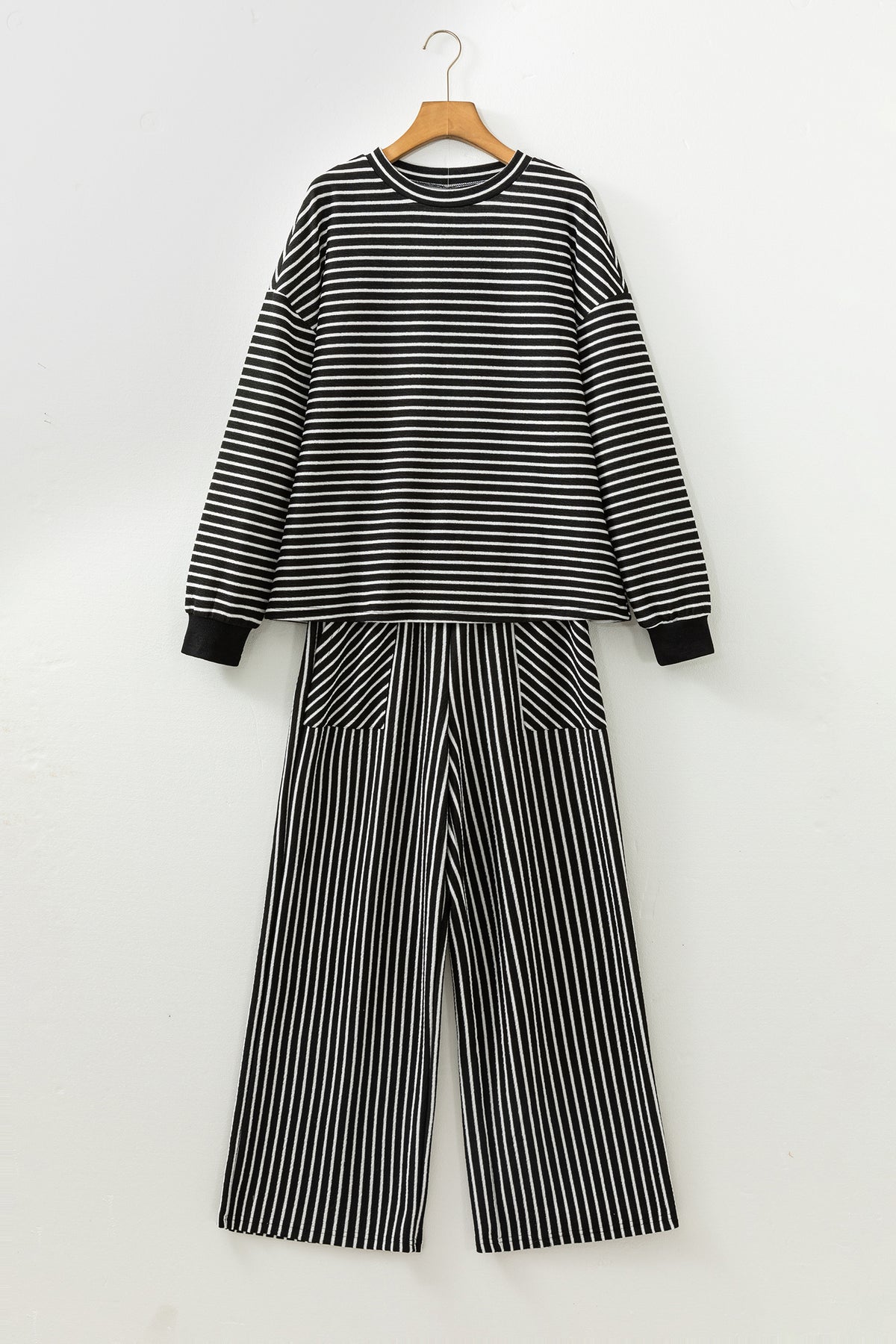 Black Stripe Drop Shoulder Relaxed Pullover Casual Pants 2pcs Set