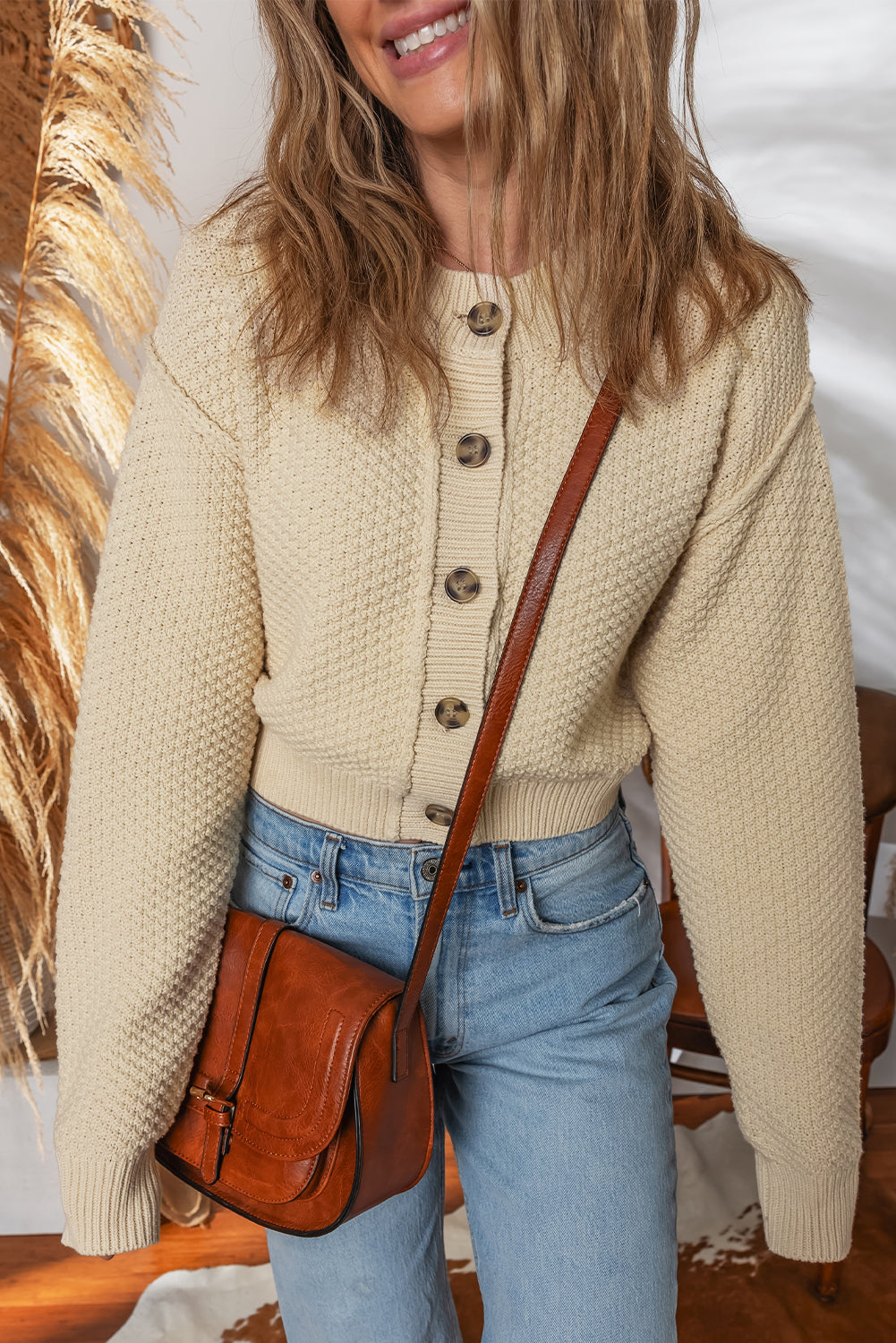 Beige Button Front Cropped Cardigan Sweater