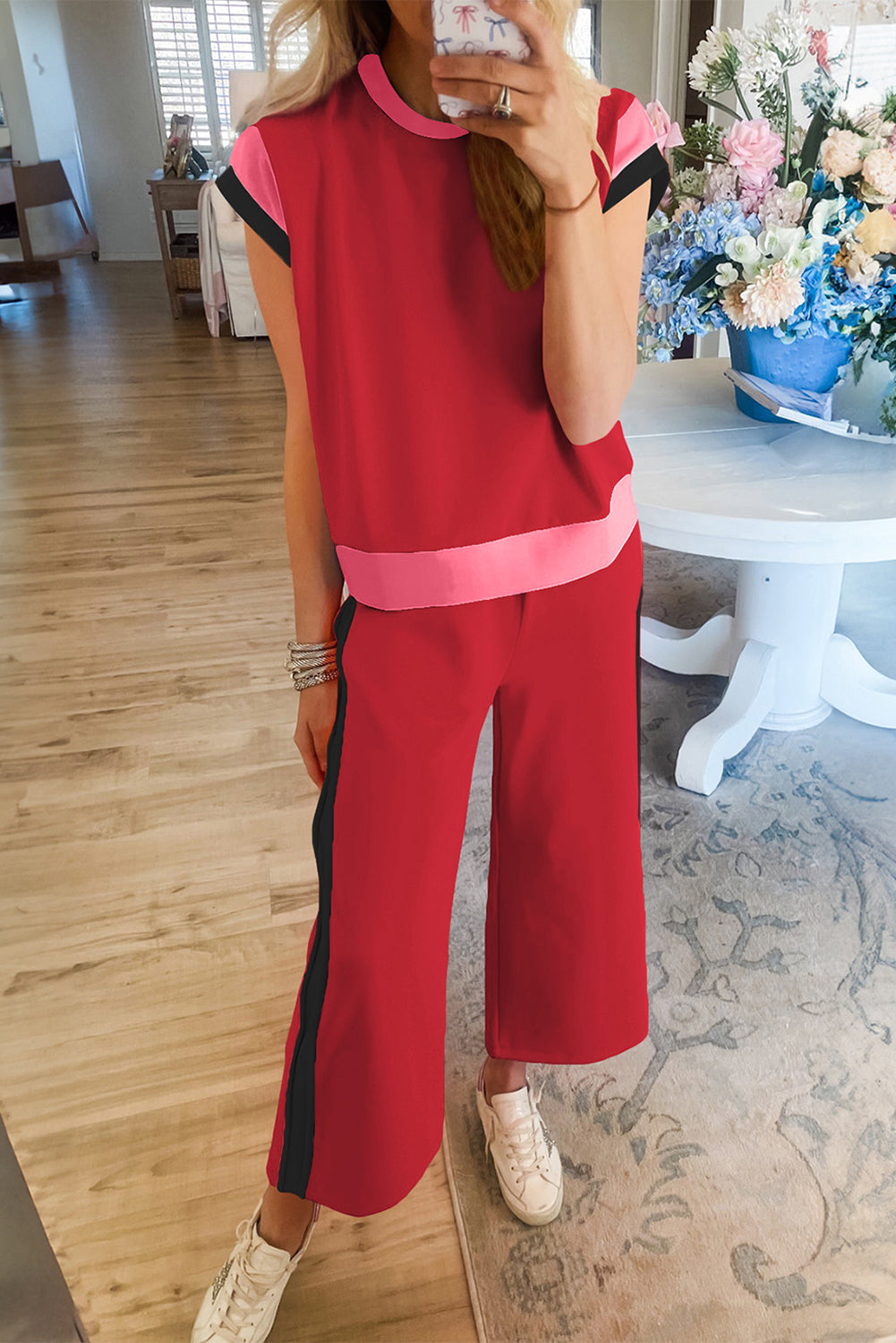 Strawberry Pink Color Block Detail Casual Two-piece Set