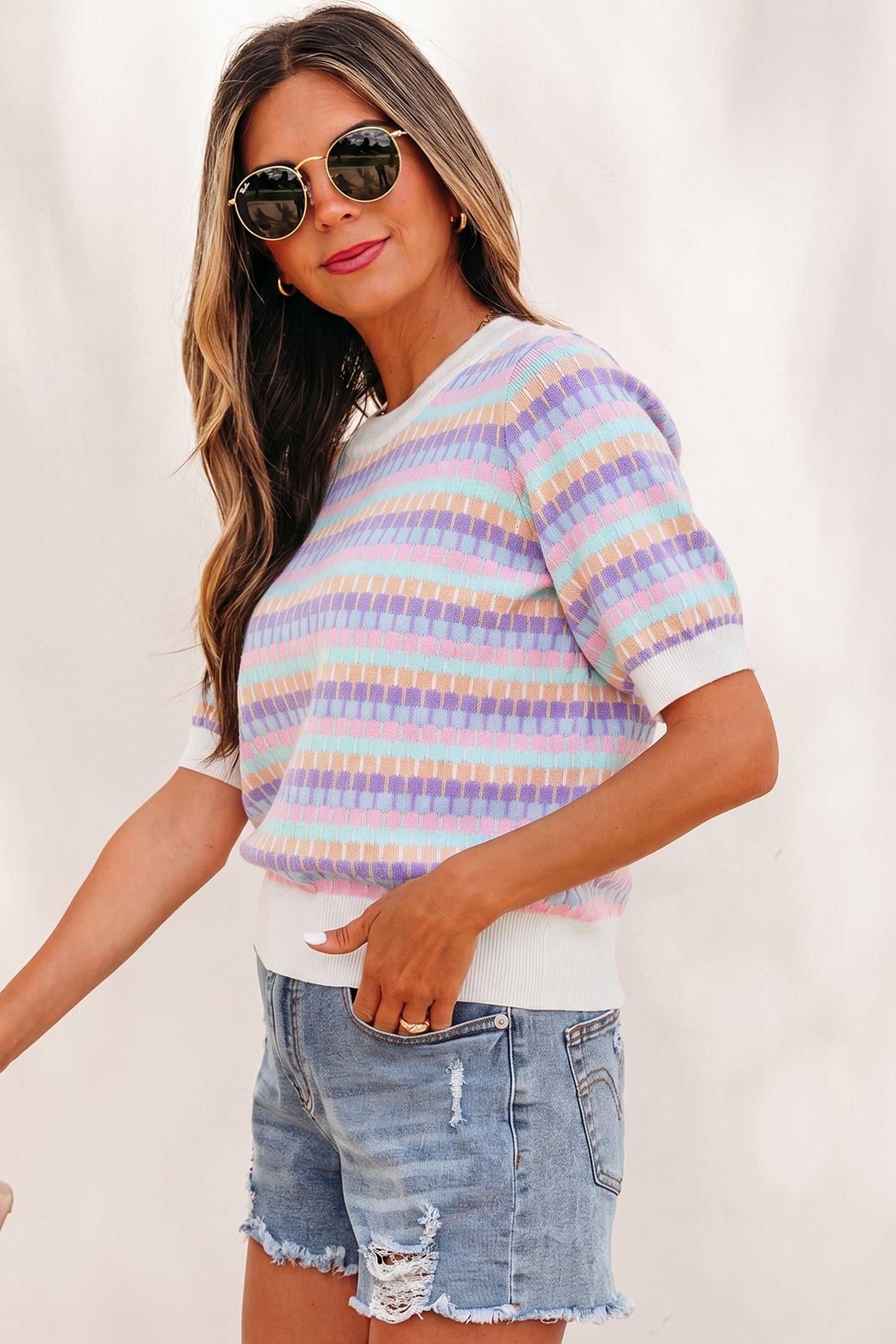 Rose Red Abstract Striped Knit Short Sleeve Sweater