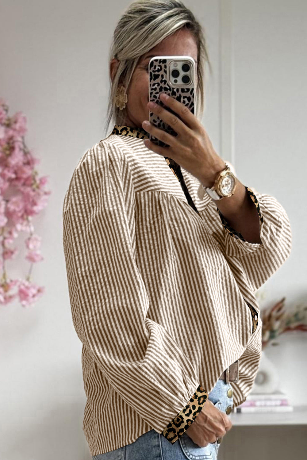 Brown Stripe Leopard Patchwork Long Sleeve Shirt