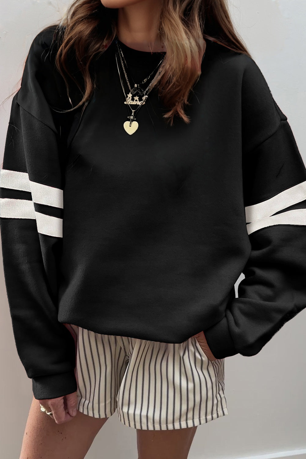 Sky Blue Varsity Striped Detail Drop Shoulder Oversized Sweatshirt