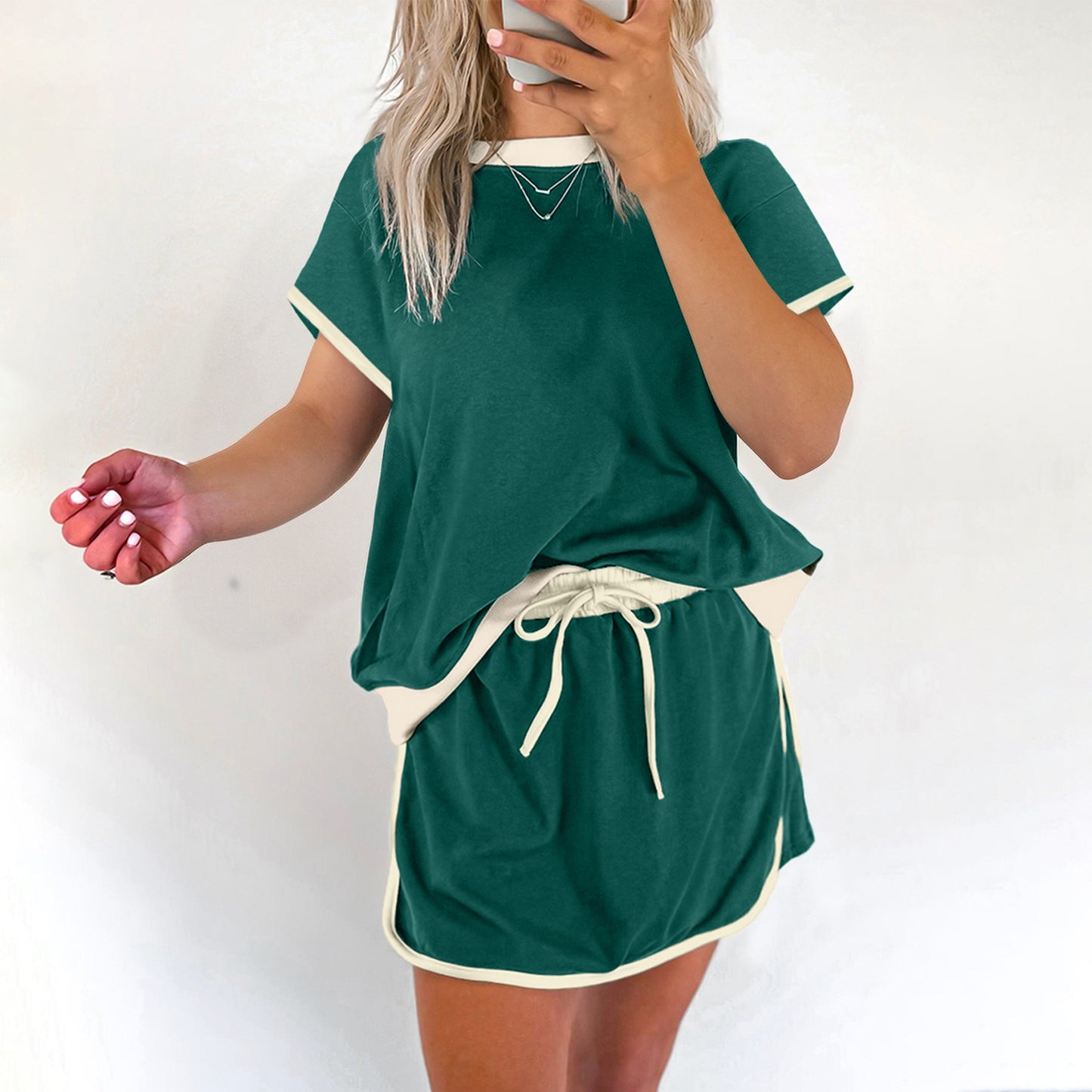 Turquoise Colorblock Edge Drop Shoulder T Shirt and Skort 2Pcs Set