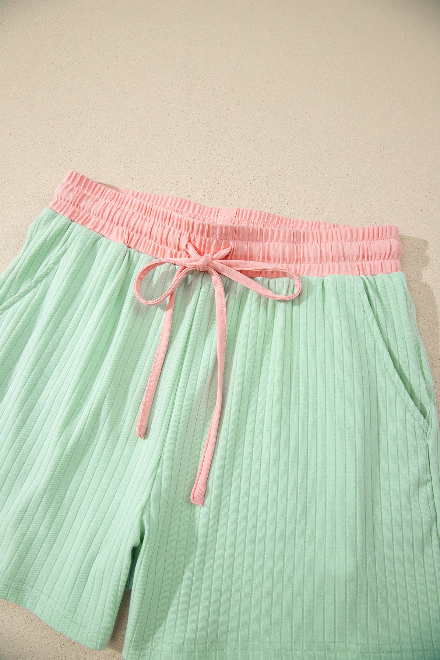 Sachet Pink Soft Ribbed Color Block Trim Casual Short Set
