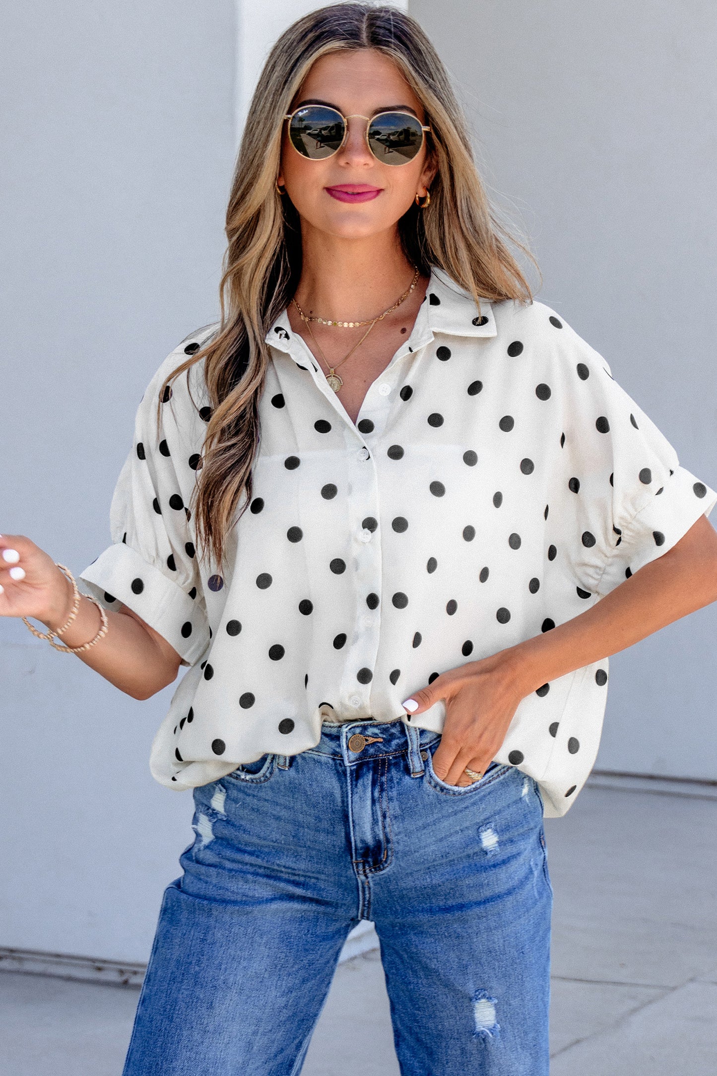 Beige Polka Dot Print Loose Dolman Shirt