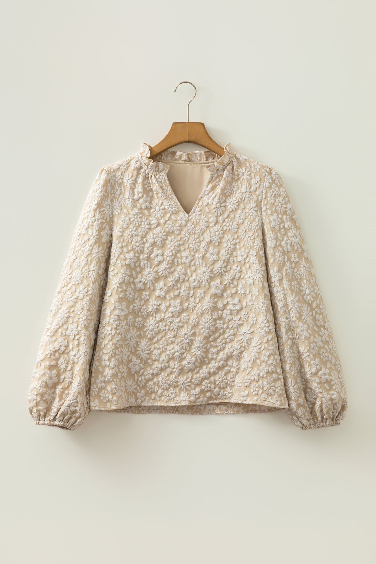 Apricot V Neck Floral Textured Long Sleeve Casual Blouse