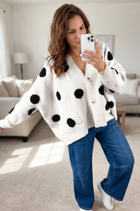 Beige Polka Dot Button Front Oversized V Neck Cardigan