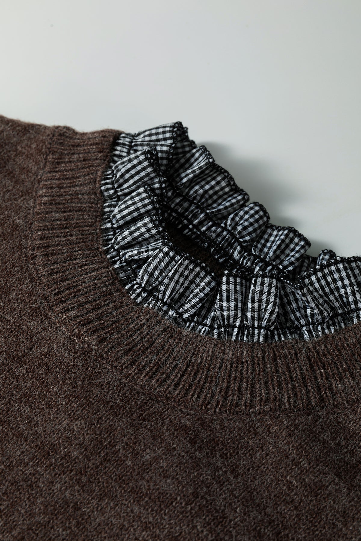 Chicory Coffee Contrast Plaid Ruffle Trim Pullover Sweater
