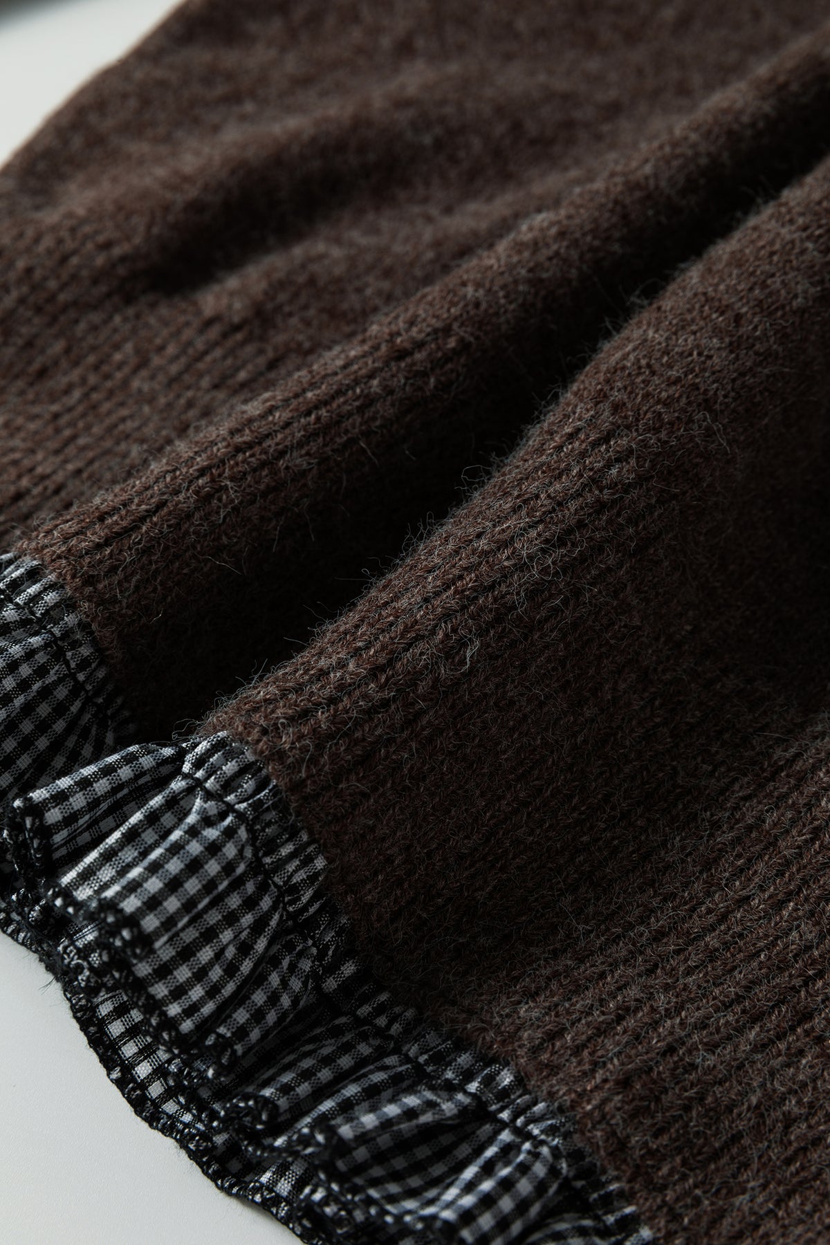 Chicory Coffee Contrast Plaid Ruffle Trim Pullover Sweater
