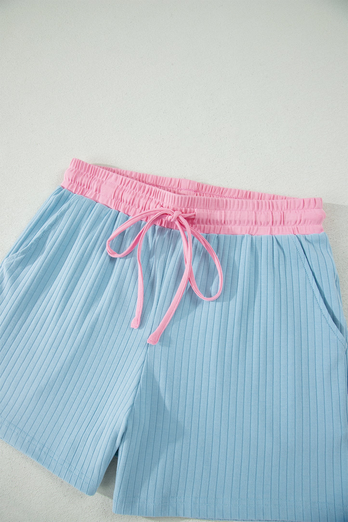 Sachet Pink Soft Ribbed Color Block Trim Casual Short Set