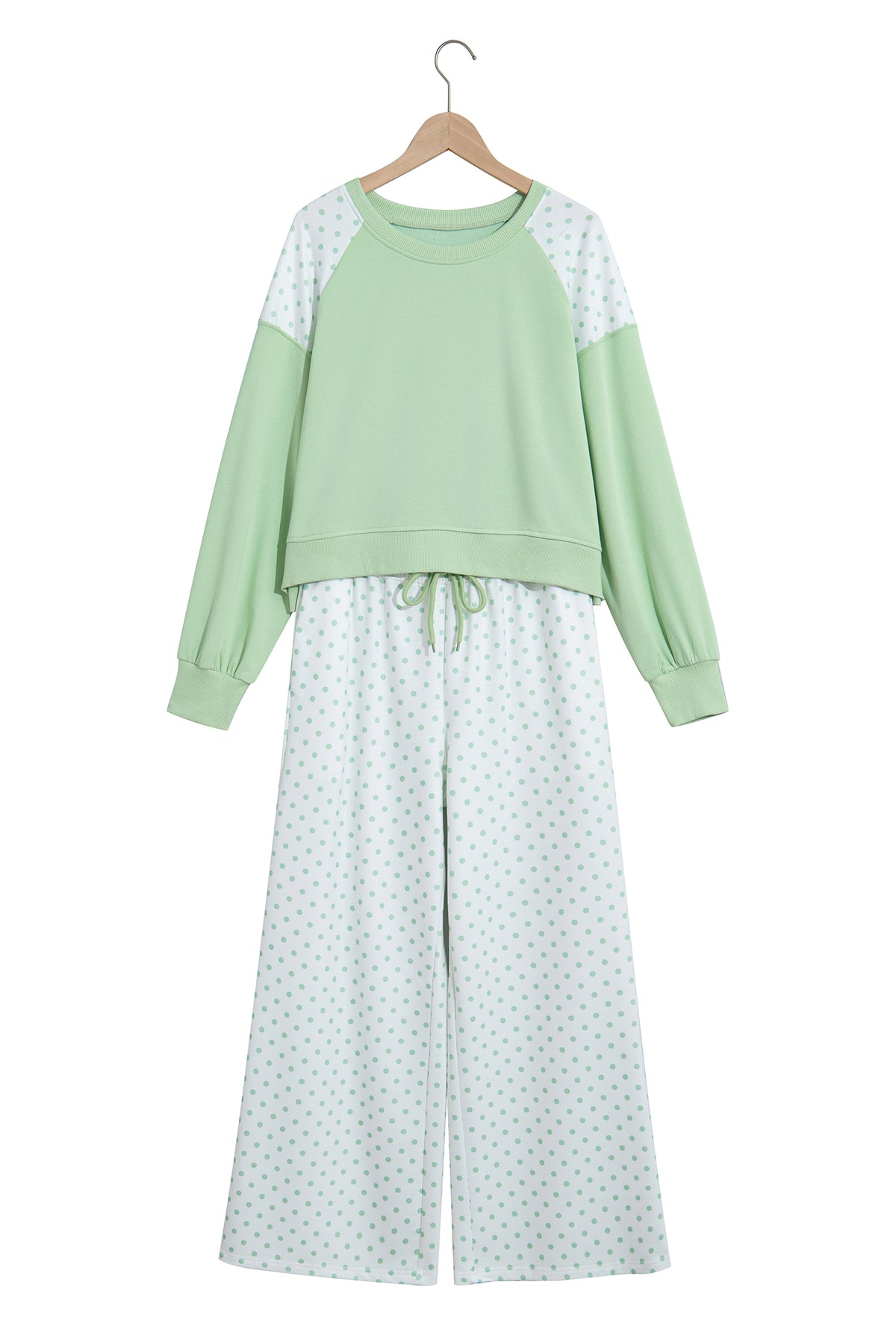 Khaki Polka Dot Patchwork Colorblock Long Sleeve Casual Two Piece Pants Set