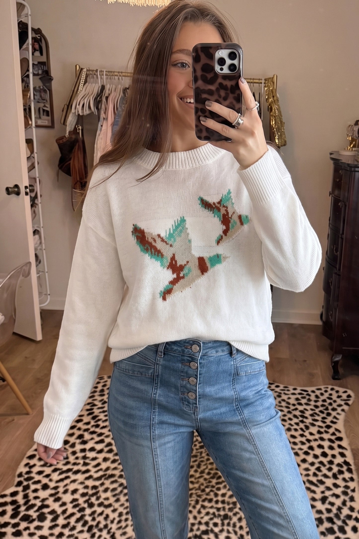 White Drop Shoulder Round Neck Long Sleeve Pullover Sweater
