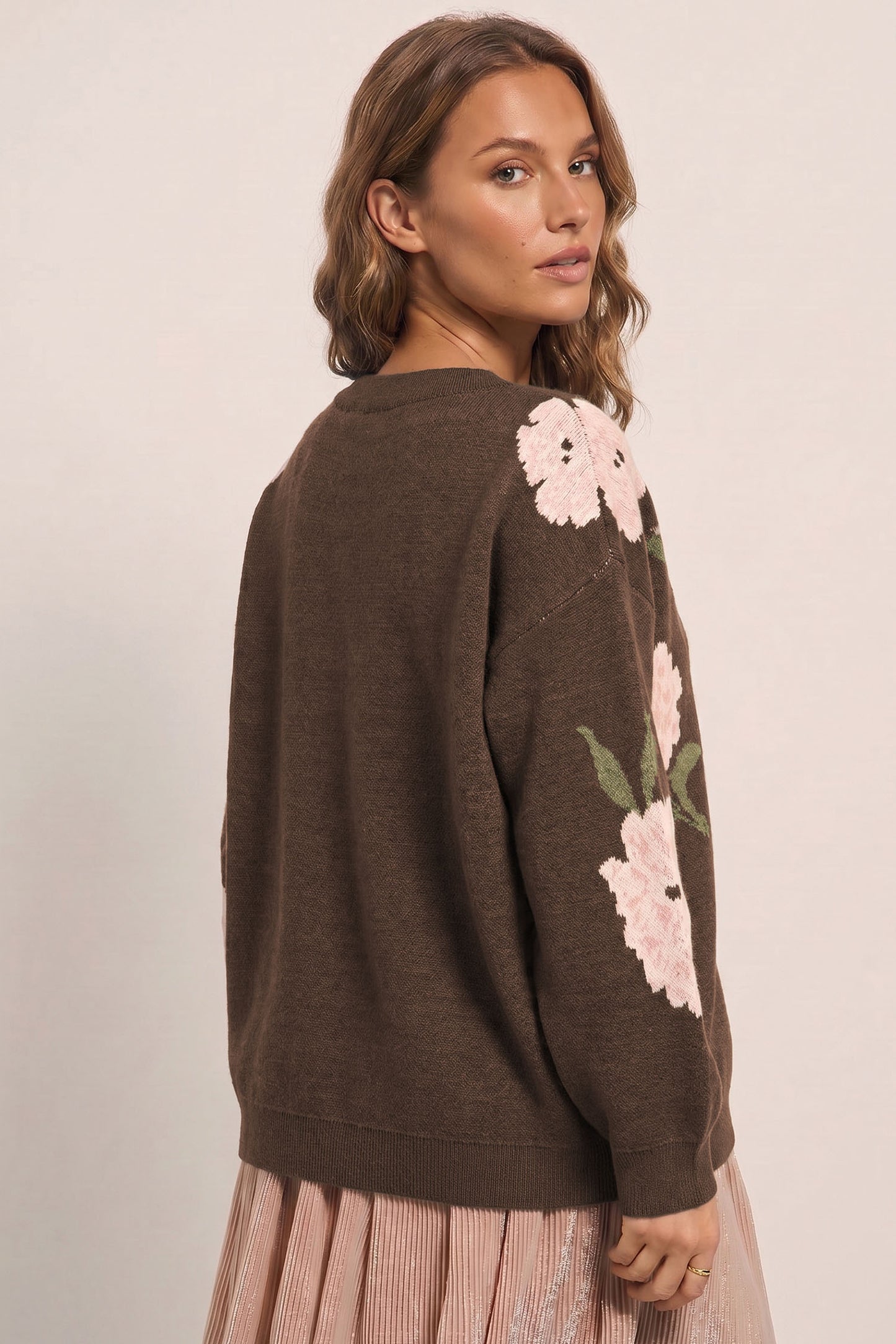 Dark Brown Floral Print Drop Shoulder Relaxed Pullover Sweater