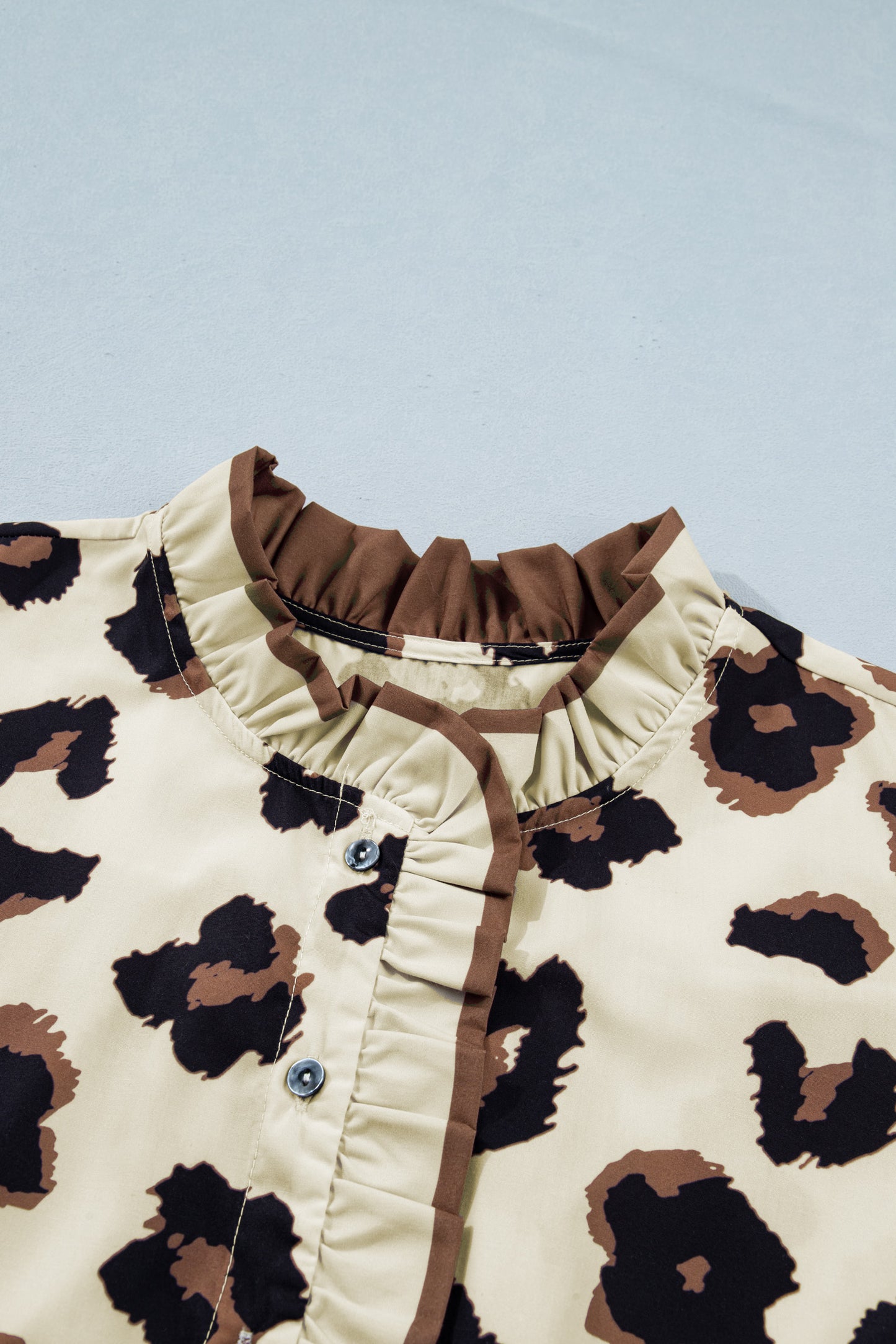 Khaki Plus Size Leopard Print Frilled Color Block Trim Button Down Short Sleeve Blouse