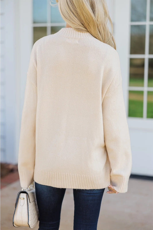 White Embroidered Flower Bouquet Ribbed Trim Loose Sweater