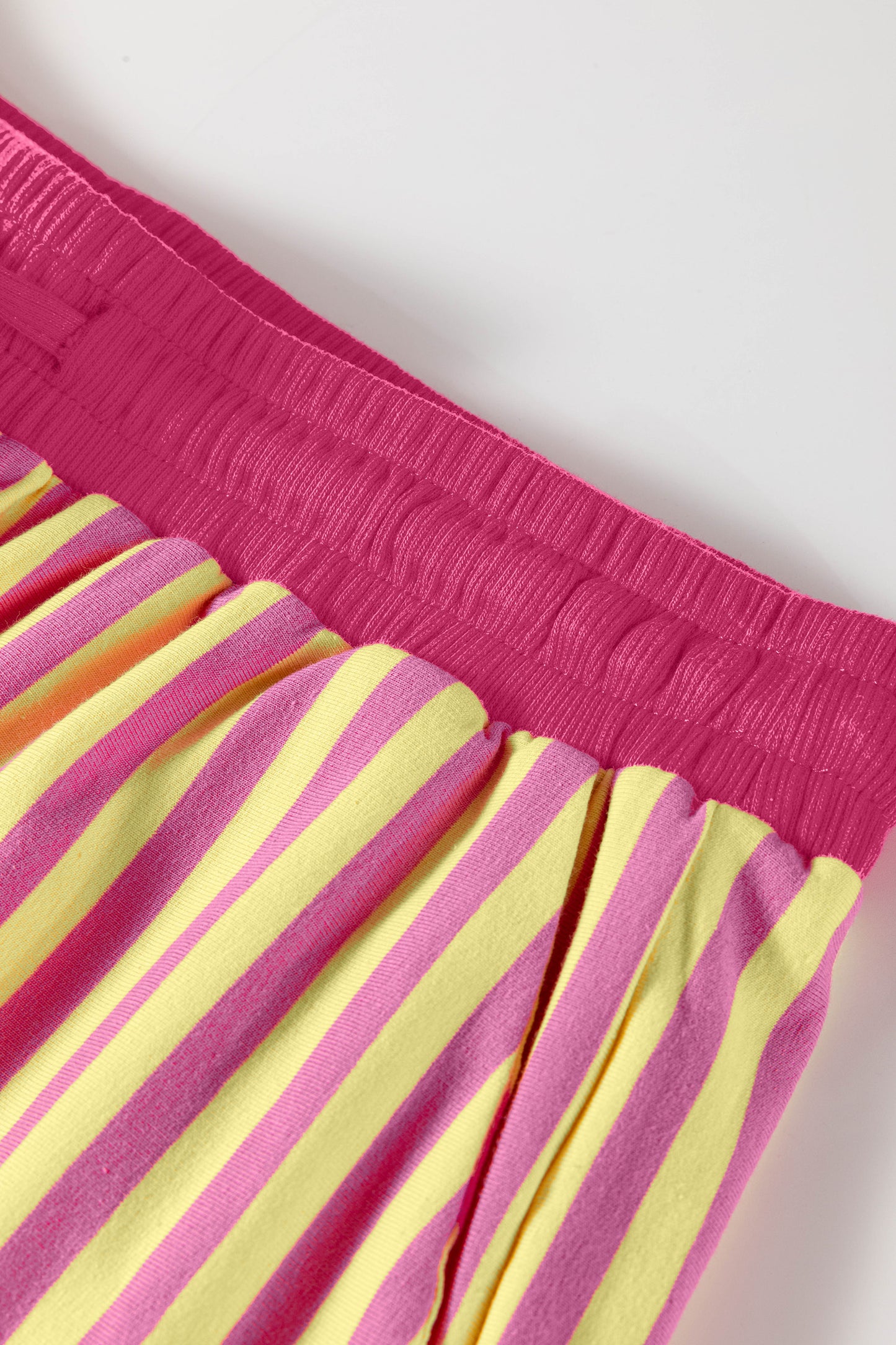 Pink Stripe Colorblock Trim V Neck Tee Drawstring Elastic Waist Short Set