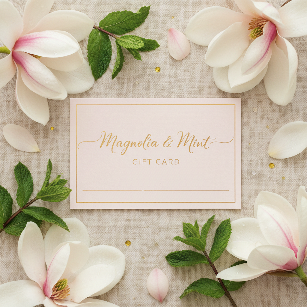 Magnolia and mint gift card with floral styling on cream linen background